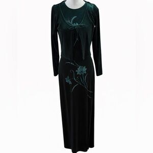 One Up USA Emerald Green Velvet Embroidered Formal Gown-Vintage- Size M